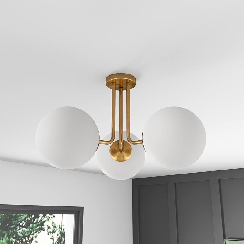 Modern Brushed Brass Semi Flush Mount Ceiling Light Fixture with White Globe Glass Shade - Brass