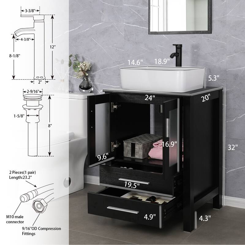 eclife 24" Classical Bathroom Vanity Set with Tempered Glass Vessel Sink Oil Rubbed Bronze Faucet and Drain