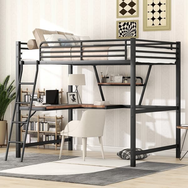 slide 2 of 8, Full Loft Metal Bed with Built-in Desk & Shelf for Kids, Teens, Adults Black - Full