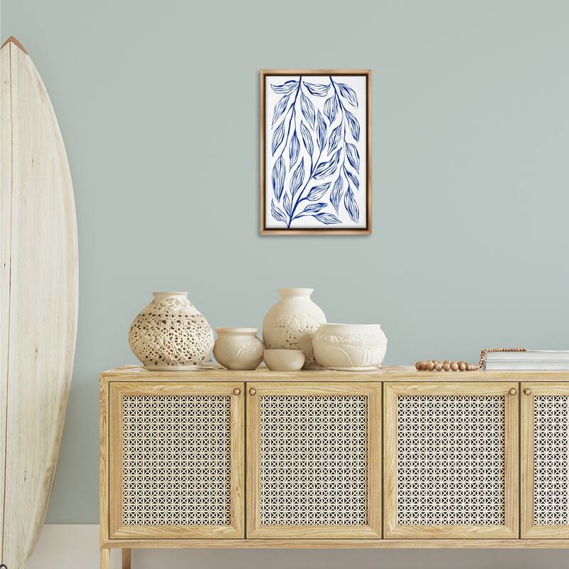 Stupell Simple Blue Leaves on White Framed Floater Canvas Wall Art Design By Martina Pavlova