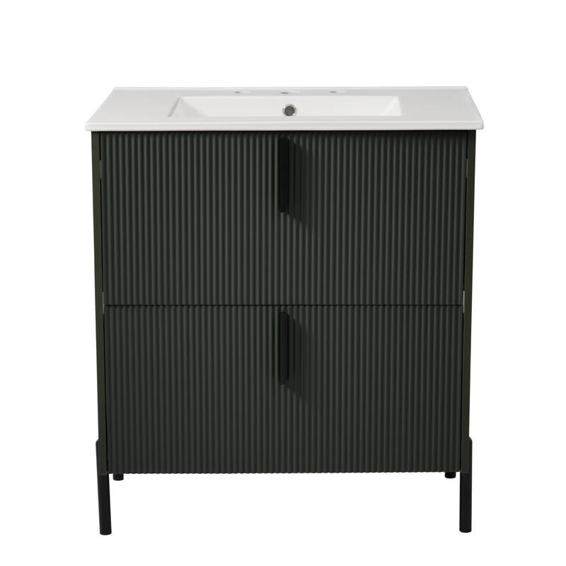 30-Inch Bathroom Vanity with a Ceramic Sink, Full-Extension Drawers, Soft-Close Undermount Slides, and a Fluted Design.