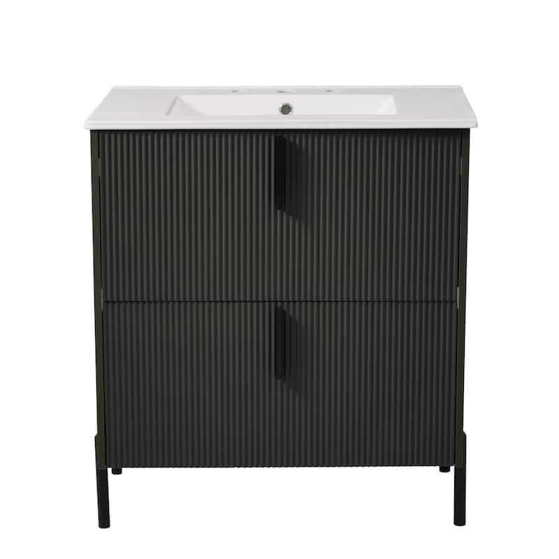 Fluted Bathroom Vanity with Ceramic Sink, Freestanding Bathroom Storage Cabinet, Bathroom Vanities with Full-Extension Drawers