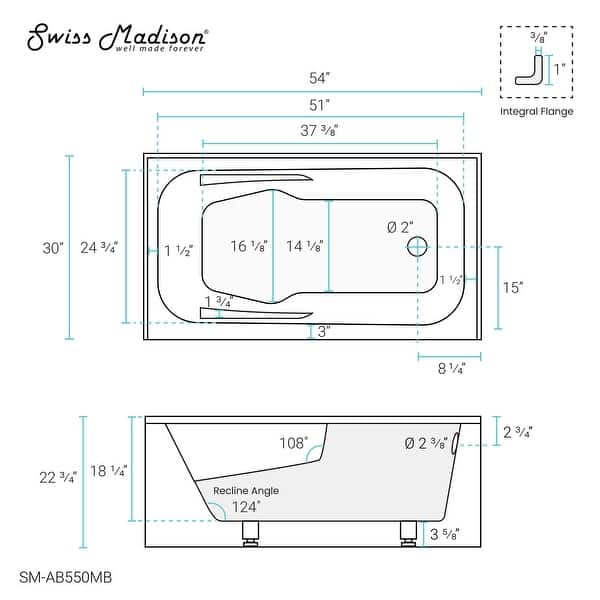 dimension image slide 11 of 20, Swiss Madison Voltaire, Acrylic White, Alcove, Integral Armrest, Bathtub with Apron
