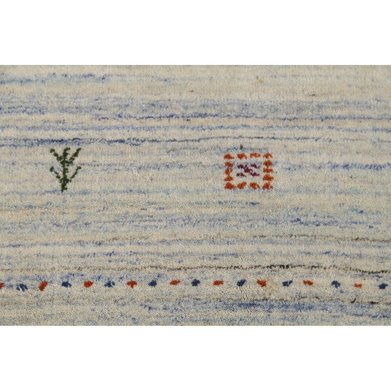 Ivory & Blue Striped Gabbeh Accent Rug Hand-Knotted Wool Carpet - 4'0"x 5'9"