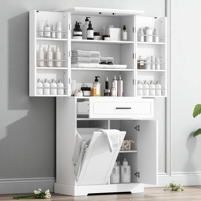 Freestanding Bathroom Storage Cabinet with Doors and Drawers, Tilt-Out Laundry Hamper, Adjustable Shelf for Bathroom