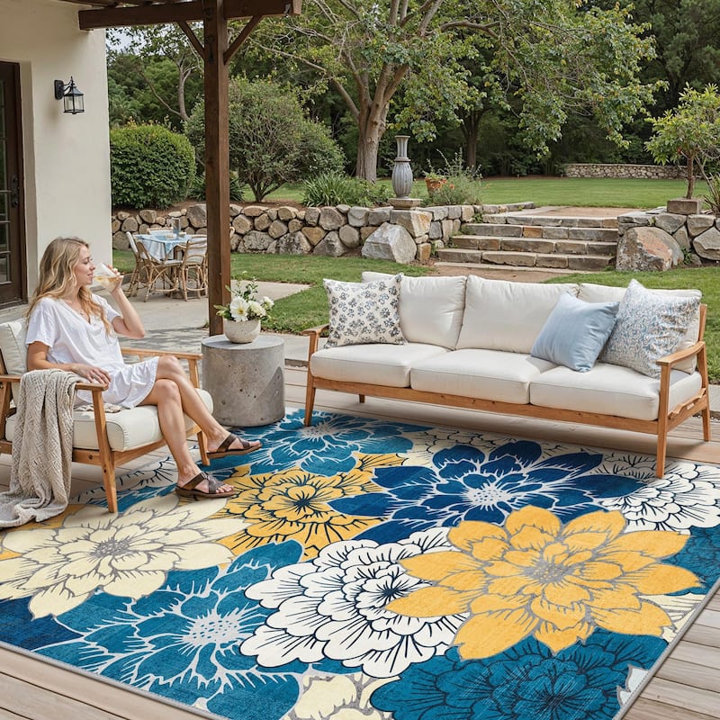 Mcow Vintage Floral Breeze Collection Washable Area Rug - Oxford Blue - 6' x 9' - Rectangle