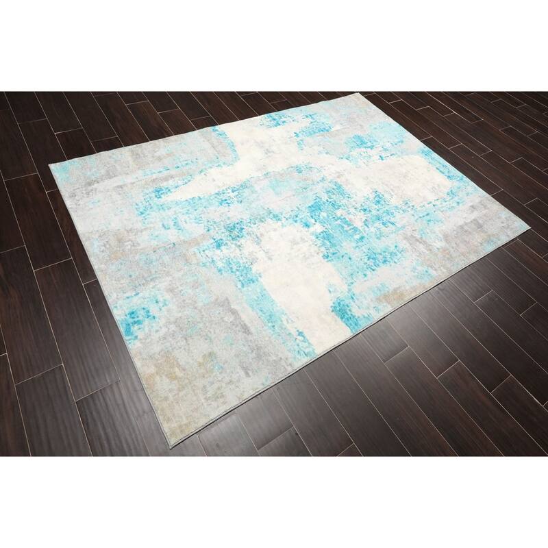 4'x6' Machine Made Cotton Oriental Area Rug Aqua, Beige Color