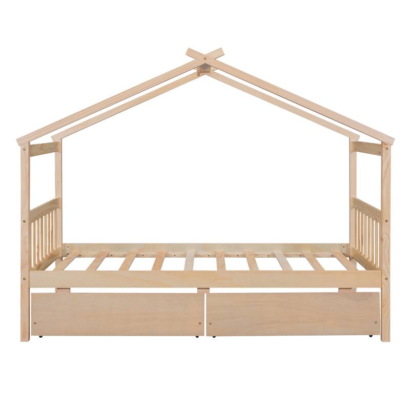 Twin Size Wooden House Bed with Drawers, Kids House-Shaped Daybed with Roof and Storage, Pinewood Frame, No Box Spring Needed