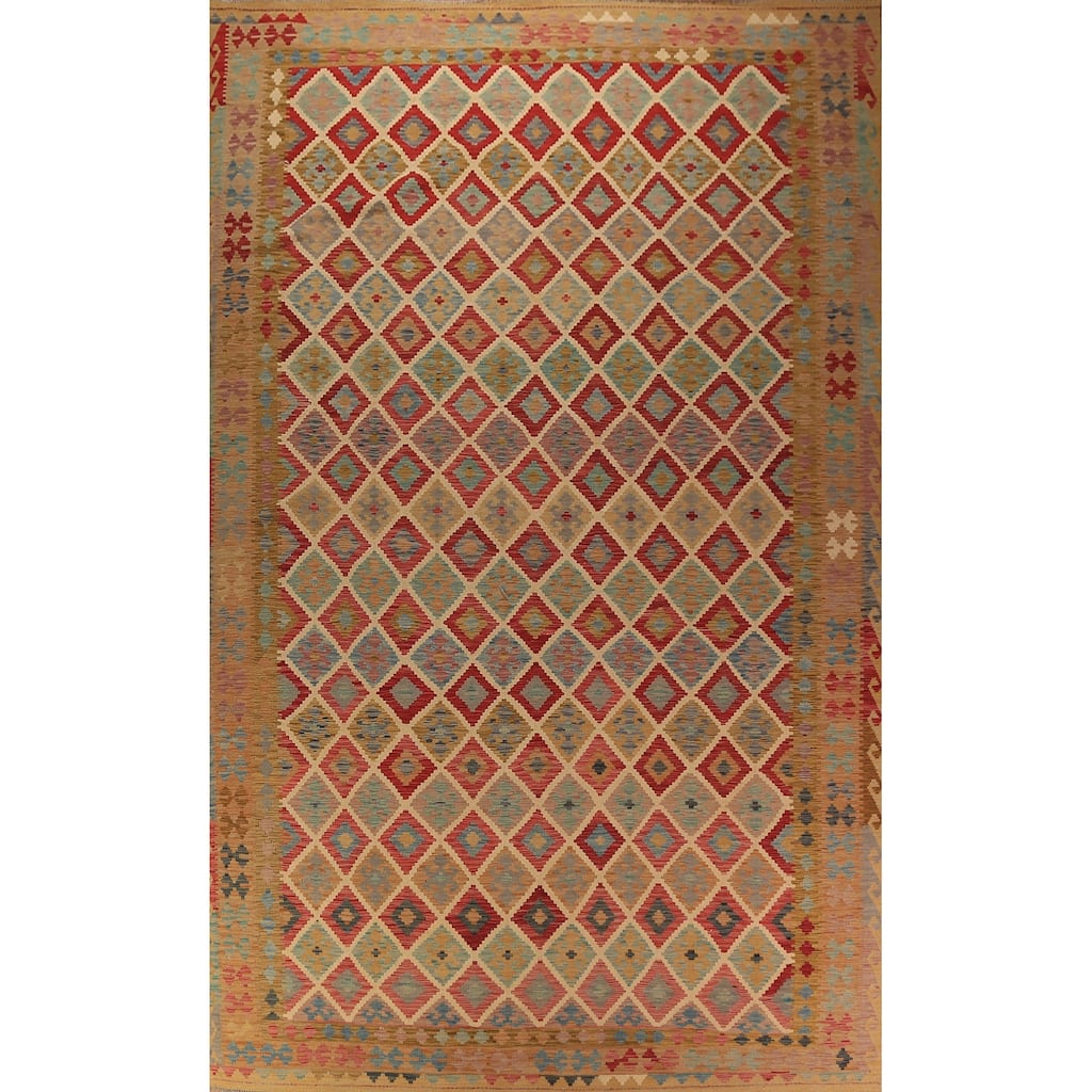 Geometric Reversible Kilim Oriental Large Rug Hand-Woven Wool Carpet - 10'3"x 16'2"