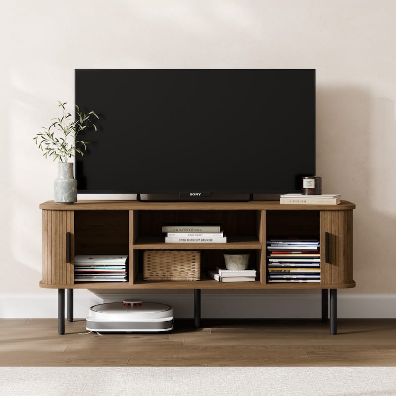Mid-Century Modern Media Console, Tambour TV Stand with Storage Cabinet and Shelf - 47"W for TVs up to 60" - Brown