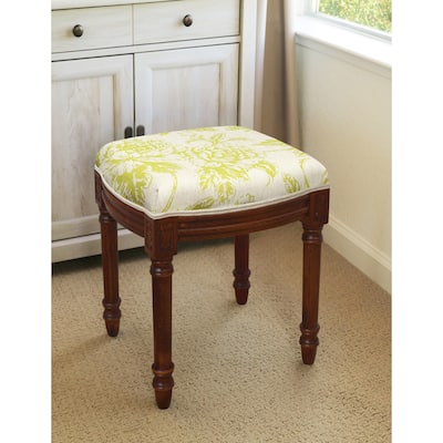 Chartreuse Peony Vanity Stool with wood stained finish