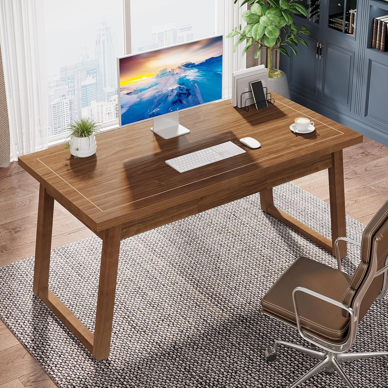 55 Inches Solid Wood Computer Desk with Drawer