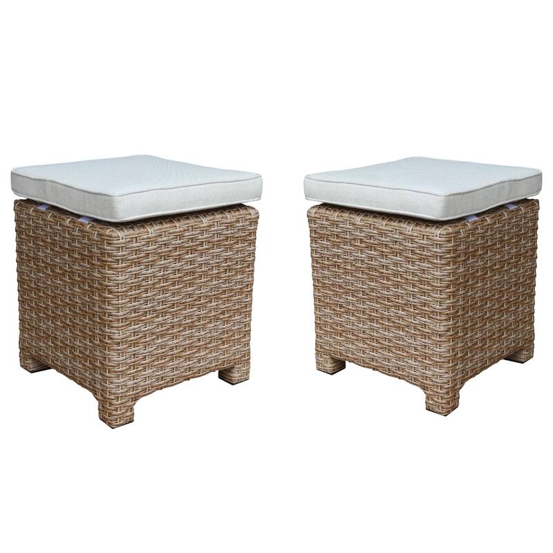 Outdoor Set of Two Wicker Stools with Cushions