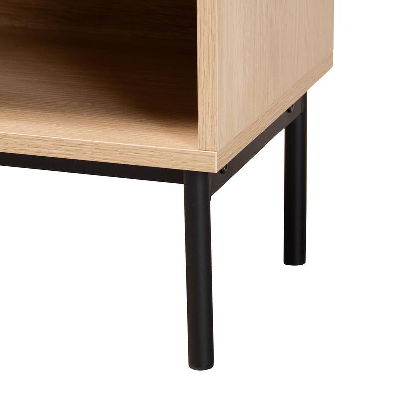 Sherwin Mid-Century Modern Light Brown and Black 1-Drawer End Table with Woven Rattan Accent