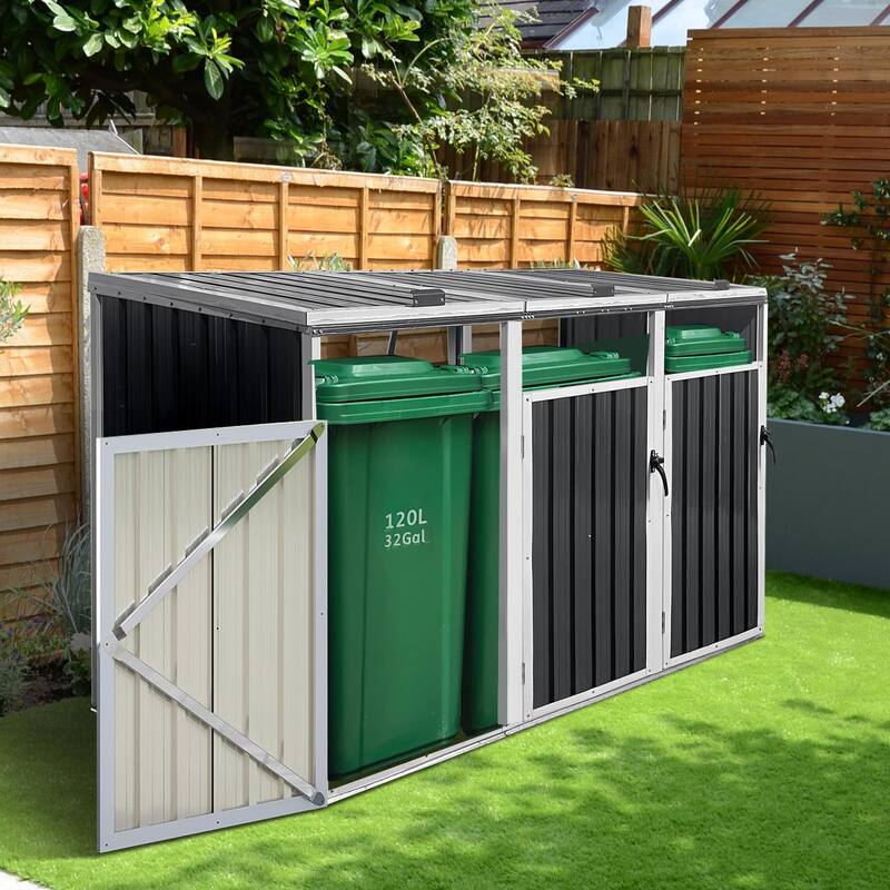 77 Cu.Ft Outdoor 3 Trash Cans Storage，Lockable Garbage Bin Storage, Galvanized Steel Storage Waterproof in Grey