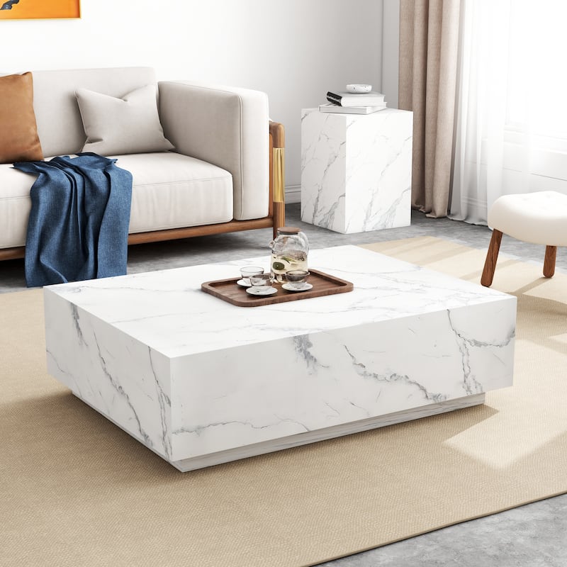 Faux Marble Solid Block Rectangular Coffee Table - White