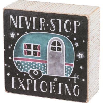 Never Stop Exploring Camper Chalk Wood Box Sign 4 Inches - Multi
