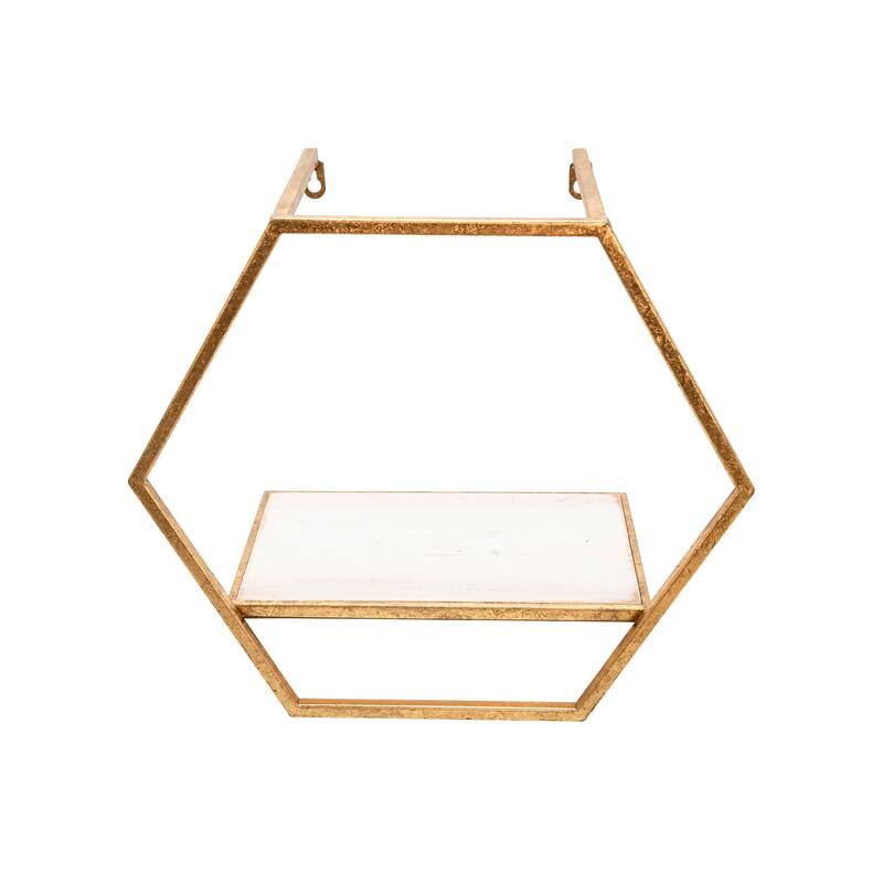 Sagebrook Home Set of 3 Hexagon Shaped Wall Shelves - Gold Metal and Wood Wall Accent Shelves For Bedroom, Bathroom, Home Decor