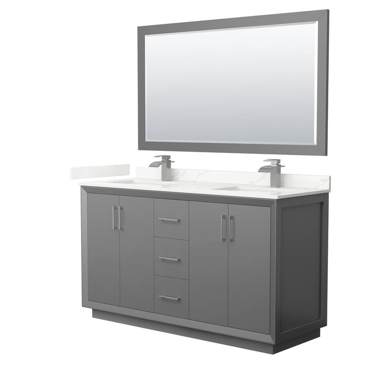 Strada 60-inch Double Vanity, Quartz Top, 58-inch Mirror - Dark Gray, Nickel Trim, Giotto Quartz Top