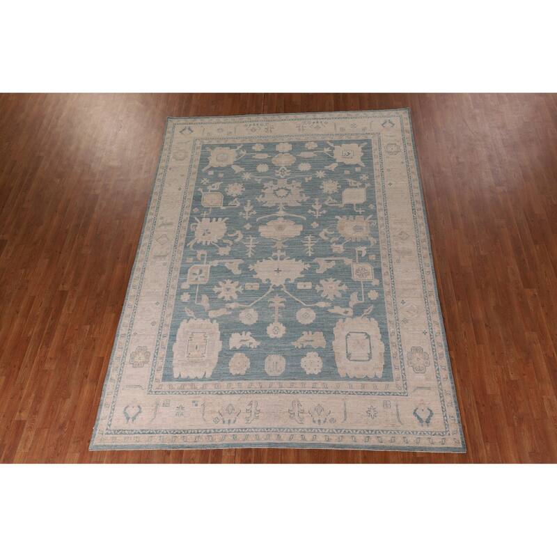 Teal Blue Vegetable Dye Oushak Turkish Rug Hand-Knotted Wool Carpet - 7'10" x 10'6"