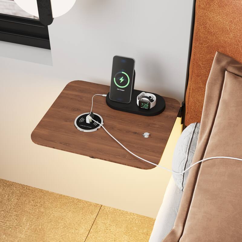 King Size Modern Metal Platform Bed with Upholstered Headboard and wireless charging