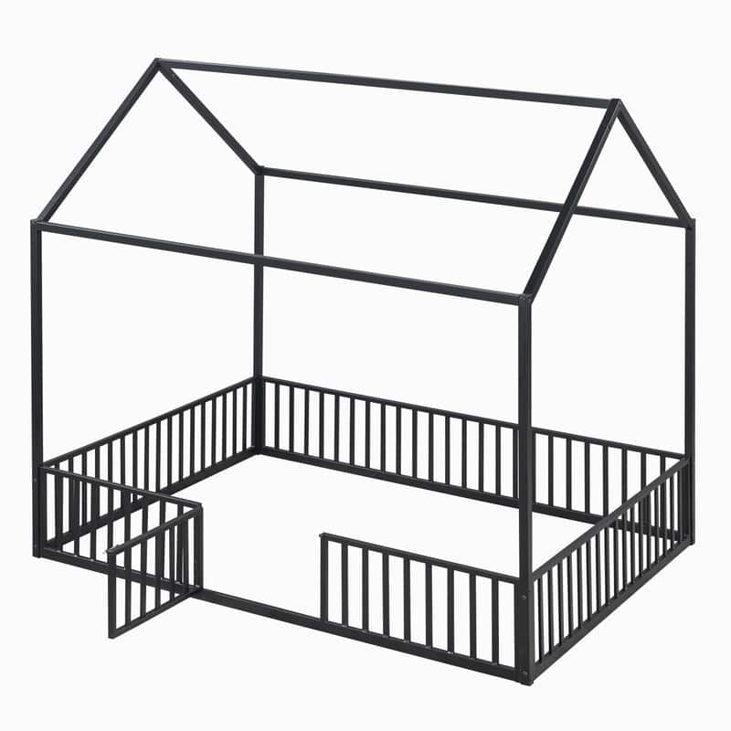 Full Size Metal House Bed with Fence and Door