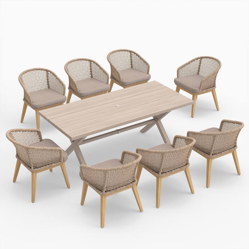 Acacia Wood & Aluminum Outdoor Dining Set - 8 Rope-Woven Chairs with X-Base Table & Umbrella Hole