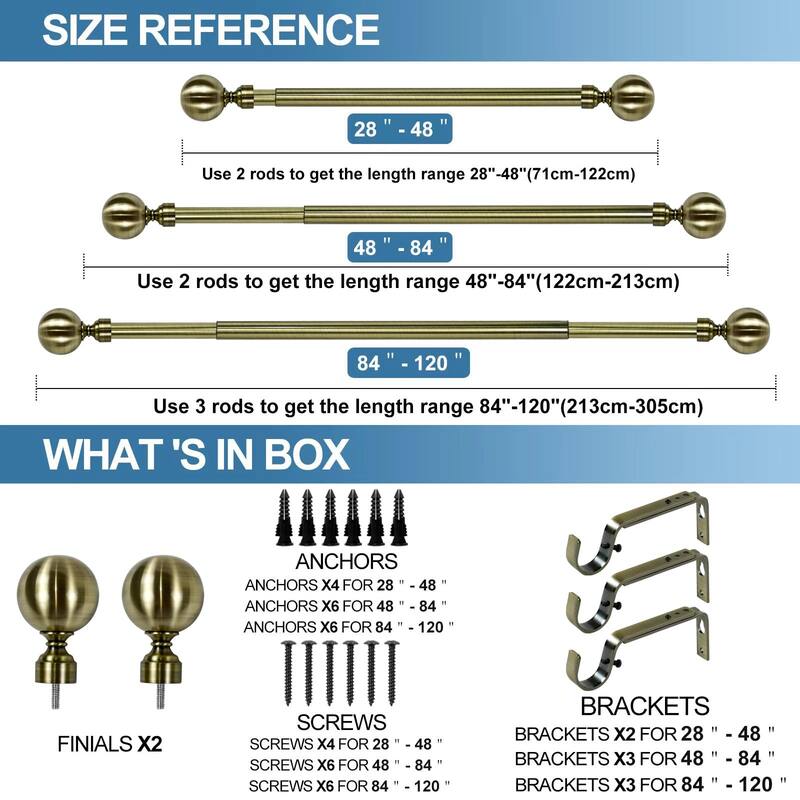 1-inch Diameter Steel Ball Adjustable Single Drapery Curtain Rod