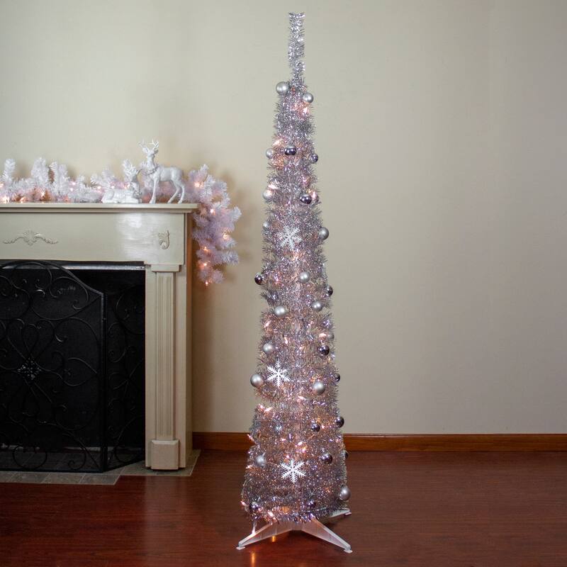 6' Pre-Lit Silver Pre-Decorated Pop-Up Artificial Christmas Tree - 6 Foot