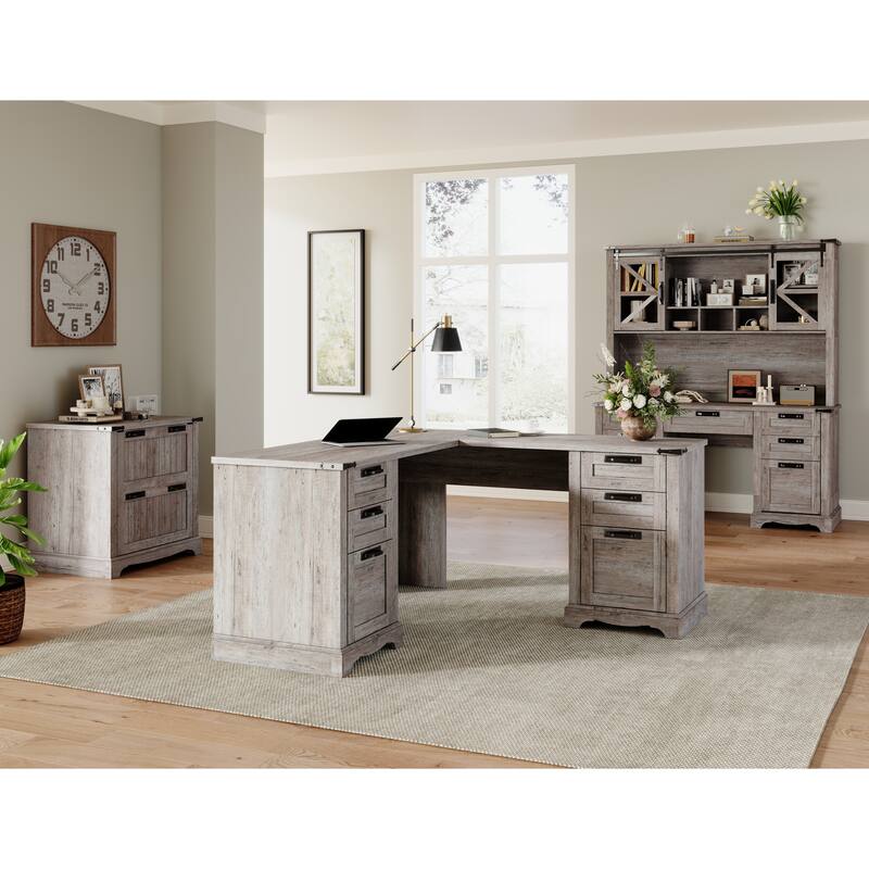 L Shaped Desk, Wood Office Desk with Charging Station, File Drawer