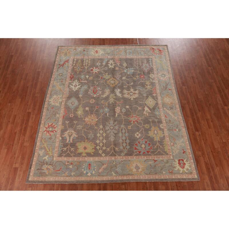 Hand Knotted Oriental 100% Wool Carpet Transitional All-Over Brown Oushak Area Rug - 9' 11'' X 8' 3''