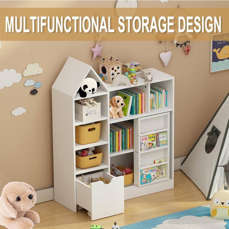 43.7" Kids Toy Organizer and Bookshelf with Storage Cubbies and Movable Drawers