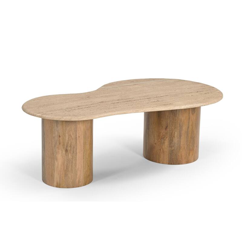Modrest Sanford Modern Travertine Marble & Wood Freeform Coffee Table