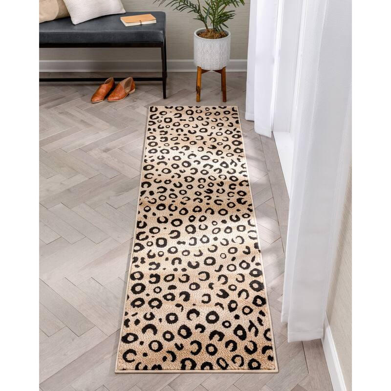 Well Woven Leopard Modern Animal Prints Black Ivory Runner Rug - 2' x 7'3"