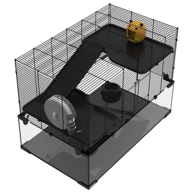 Black-Transparent Hamster Cage with Steel Frame, Glass Base and Accessories - 31" L x 19" W x 22.5" H