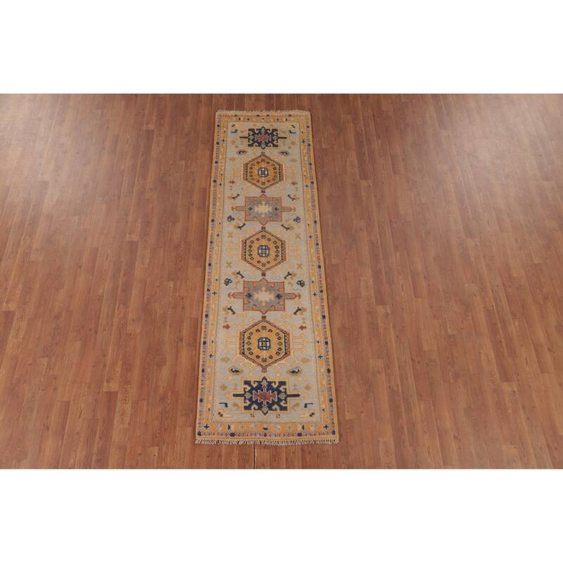 Geometric Kazak Runner Rug Hand-Knotted Beige Wool Carpet - 2'5"x 8'0"