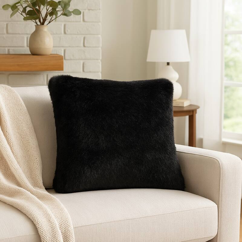 Dift Square Accent Throw Pillow, 20 Inch, Black Faux Rabbit Fur Face