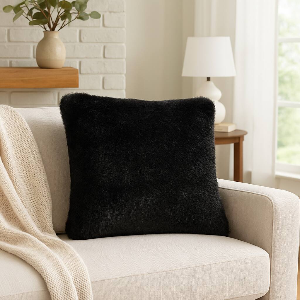 Dift Square Accent Throw Pillow, 20 Inch, Black Faux Rabbit Fur Face