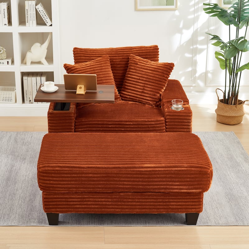 Versatile Chaise Lounge Single Sofa Chair with Ottoman, Swivel Table, Storage Armrest, Cup Holder, Bluetooth Speaker and USB