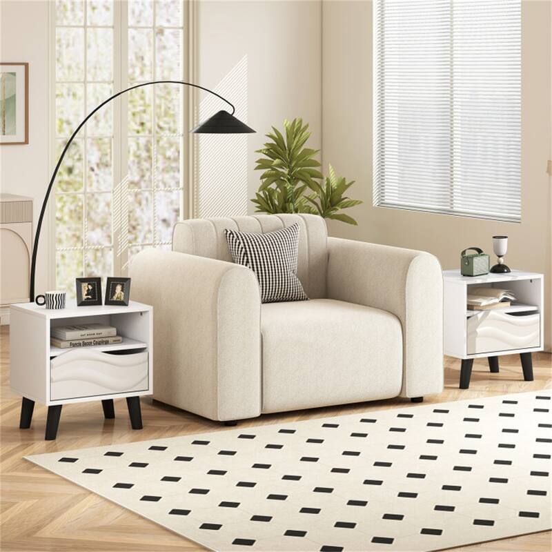 White-Black Engineered Wood Nightstand with 3D Wavy Drawer and Storage