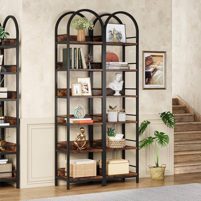 6 Tiers 78.7" Tall Narrow Arched Open Bookshelf - 2 pcs - Brown