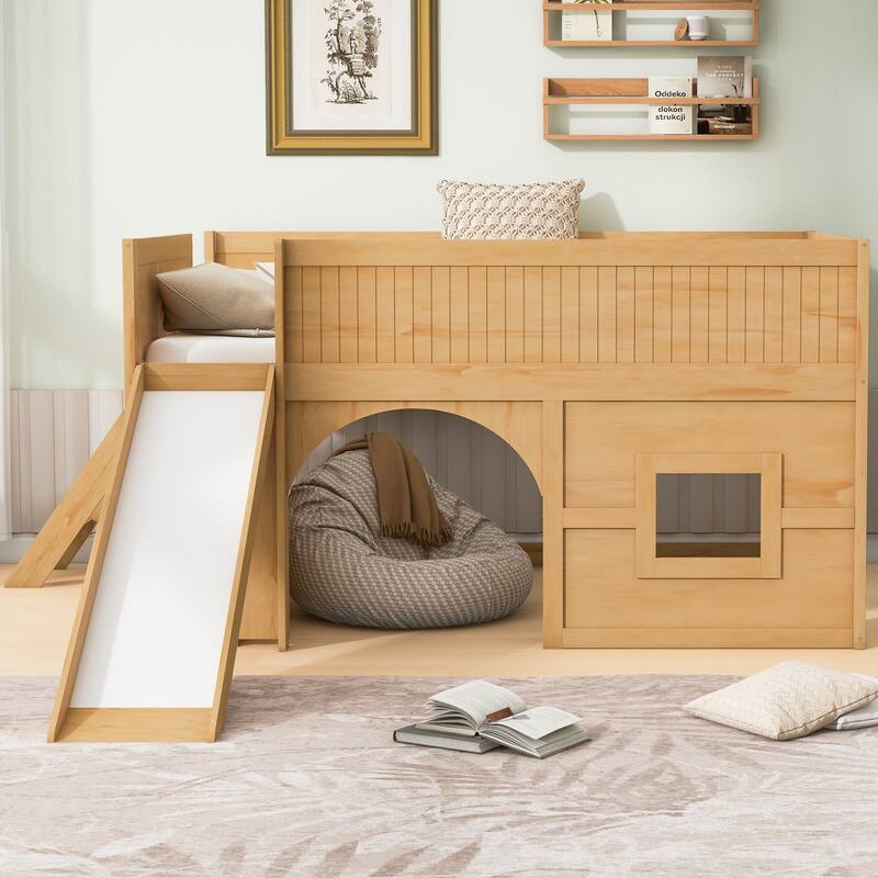 GDFStudio - PlayHaven Modern Wooden Low Loft Bed with Storage Shelves and Slide
