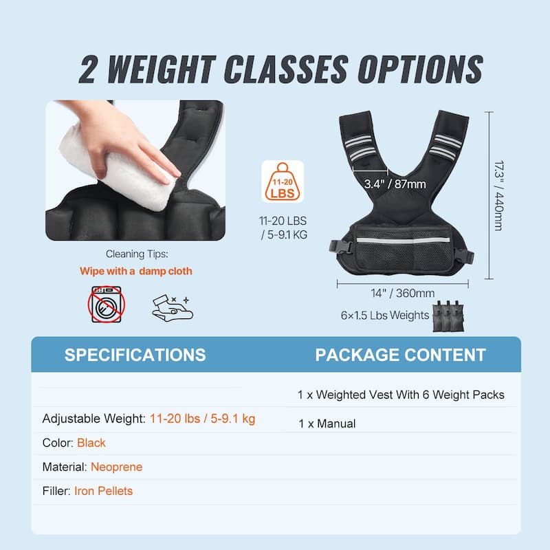 Black Neoprene Adjustable Weighted Vest 11 to 20 lbs with Reflective Strips - 20 Lbs