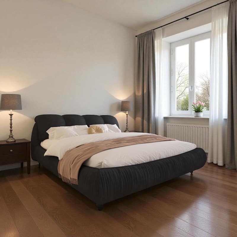 Queen/King Size Luxury Upholstered Platform Bed with Oversized Padded Headboard, Solid Wood Frame & Adjustable Mattress Height