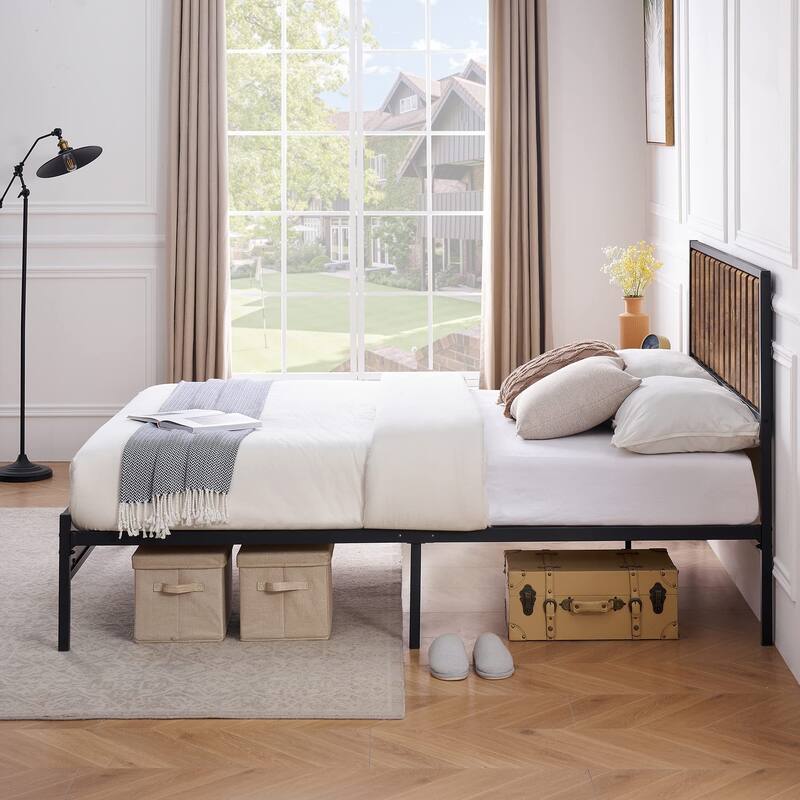Platform Metal Bed Frame Wood Headboard with 14 Heavy Duty Steel Slats