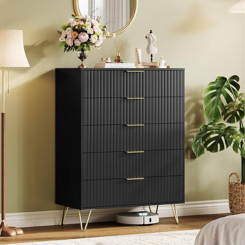 5 Drawer Fluted Dresser Storage Organizer for Bedroom, Living Room, Hallway - Black