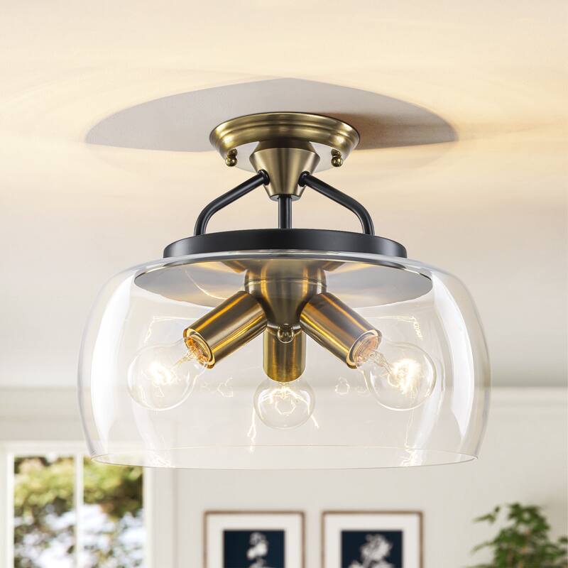 13" W 3-Light Modern Industrial Black Metal Semi-flush Mount Ceiling Light with Clear Dome Glass - 13.8 in. W x 11.4 in. H x 13.8 in. D - Black/Clear/Gold