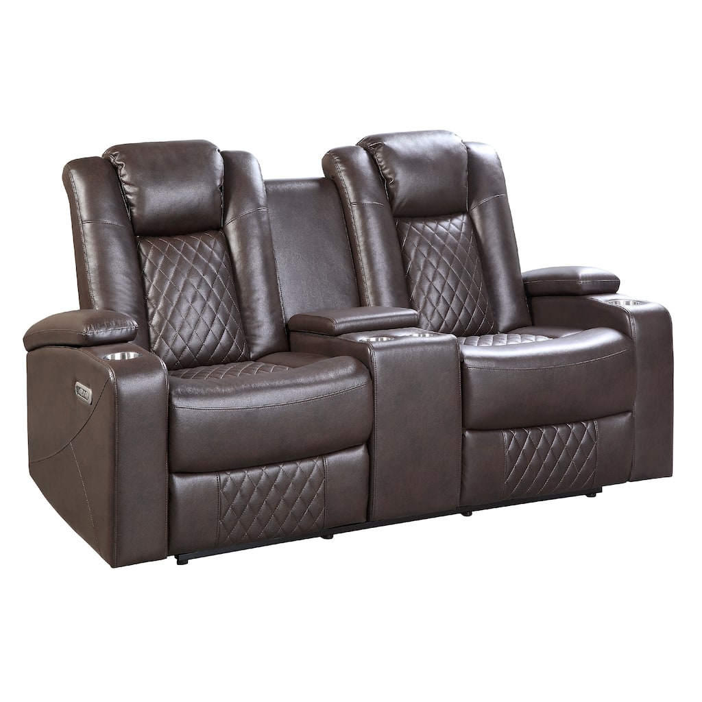 Power Recliner Loveseat, 71 Inch, Brown Faux Leather, Center Console