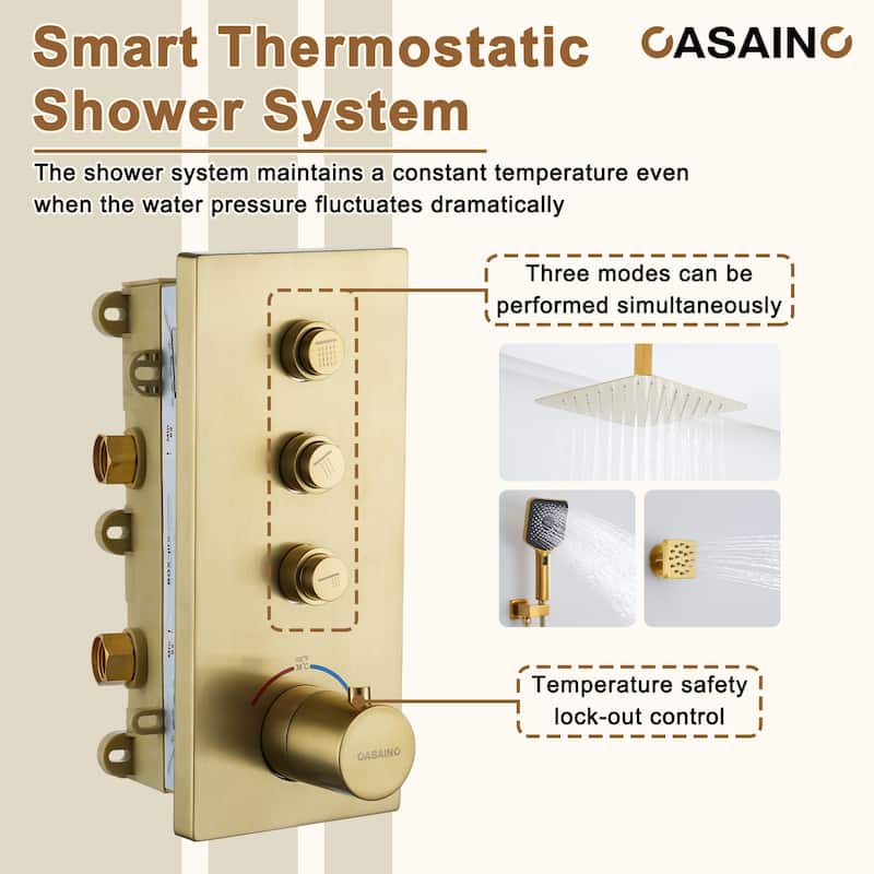 Luxury Thermostatic Shower System 3-Spray Patterns Ceiling Mount Fixed Shower Head and Handheld Spray with 6 Body Jets