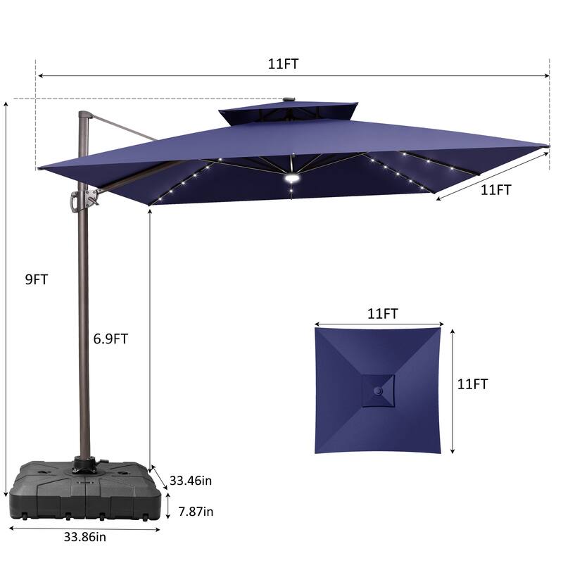 11X11 FT Outdoor Patio Cantilever Umbrella Solar LED Lighted with Wheel Base